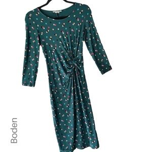 BODEN | NWOT ROSALIE TWIST FRONT JERSEY DRESS POLKA DOT DARK GREEN | 2 PETITE
